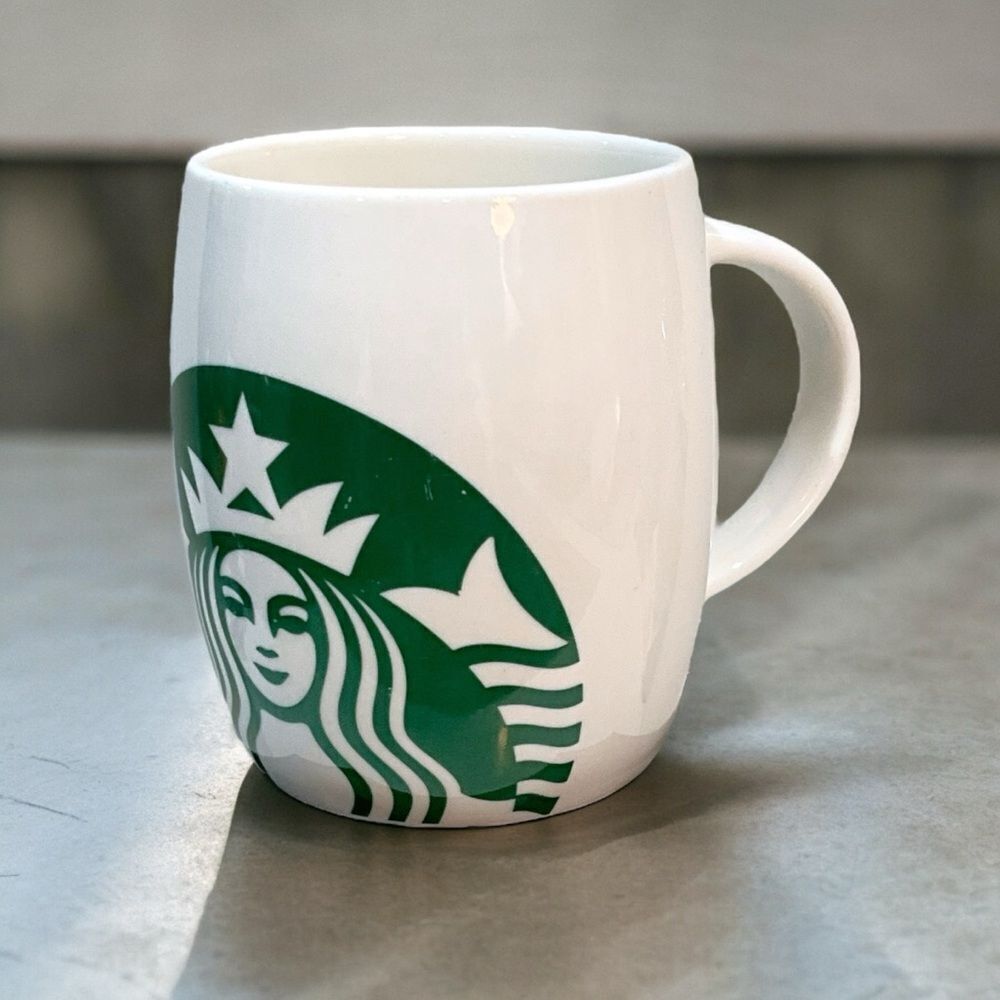 Starbucks 2010 White Barrel Green Siren Coffee Mug Mermaid Logo Ceramic 14 oz
